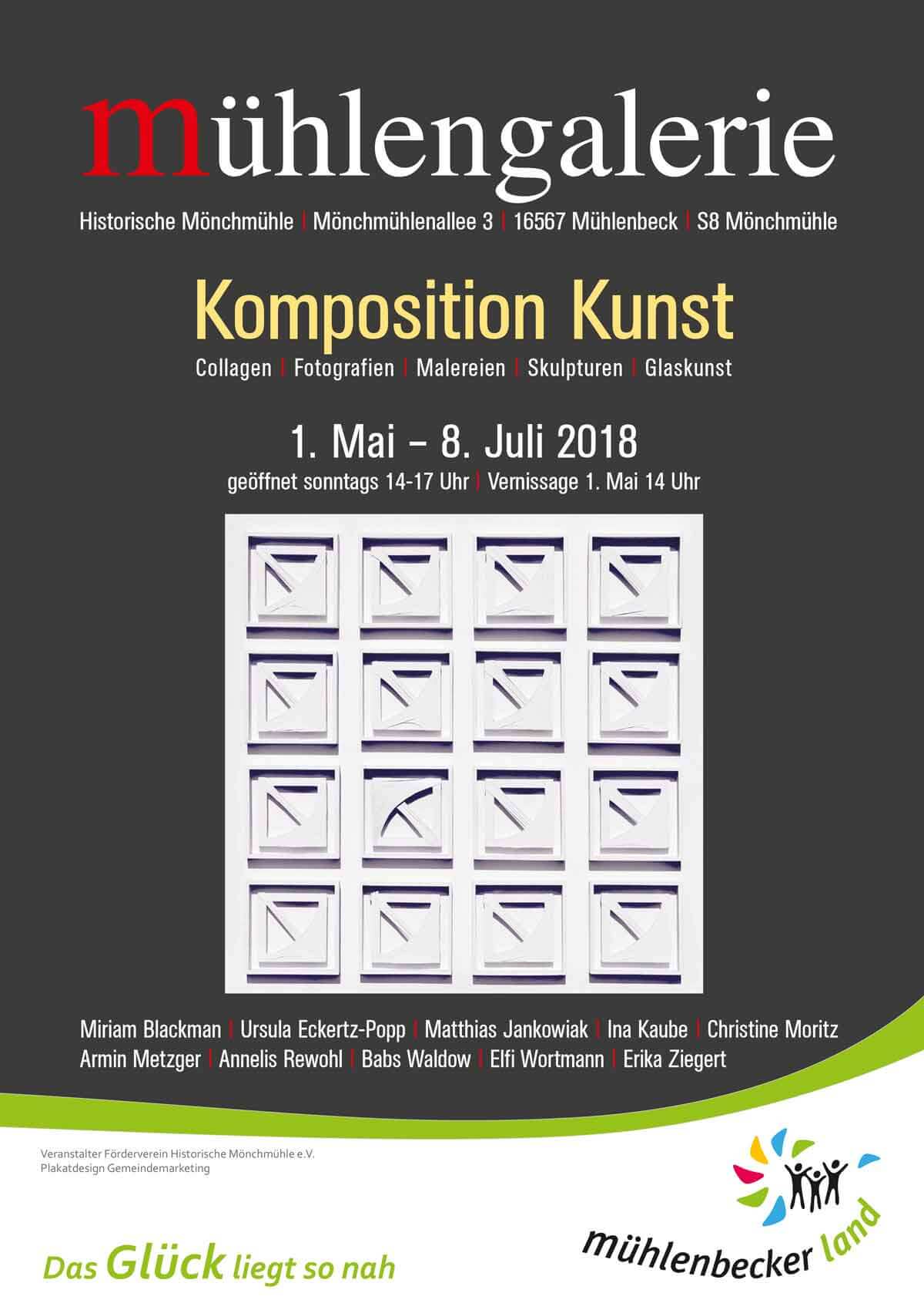 Plakat der Kunstausstellung Komposition Kunst 2019 in der Historischen Mönchmühle