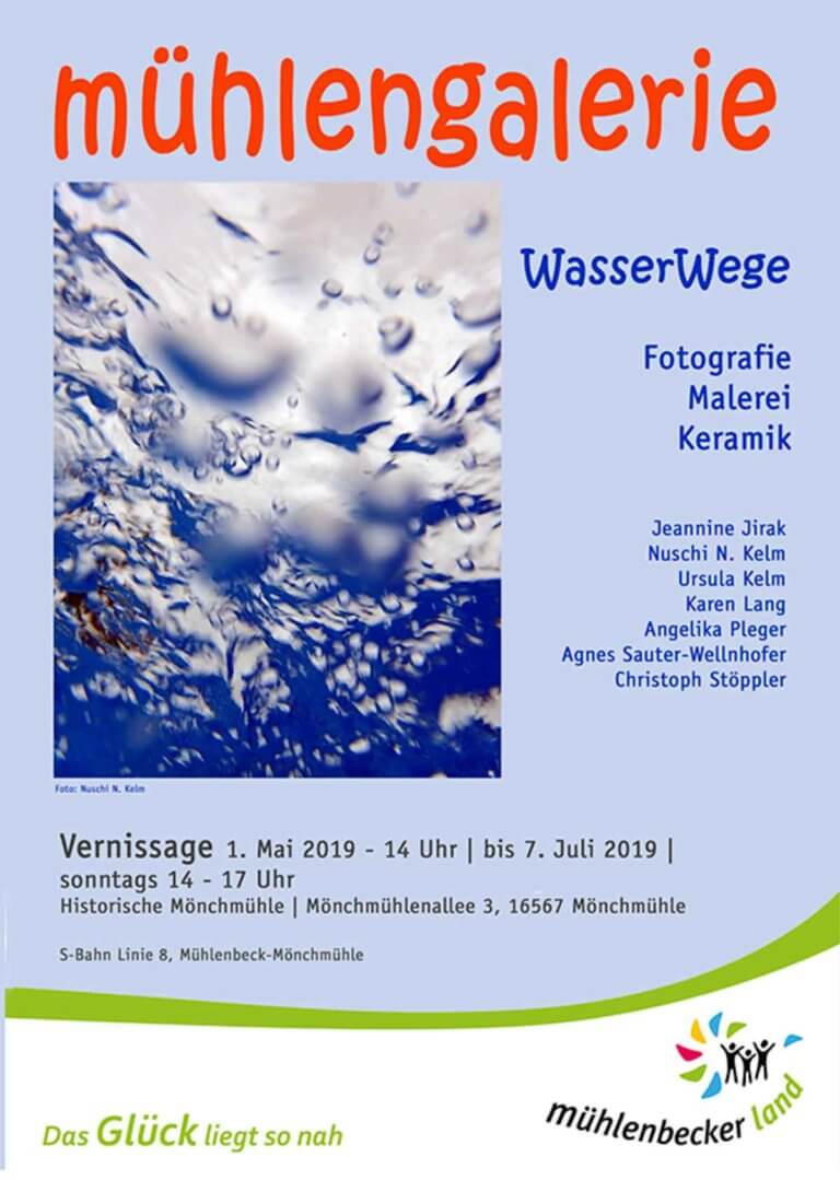 Plakat der Kunstausstellung Wasserwege in Historische Mönchmühle