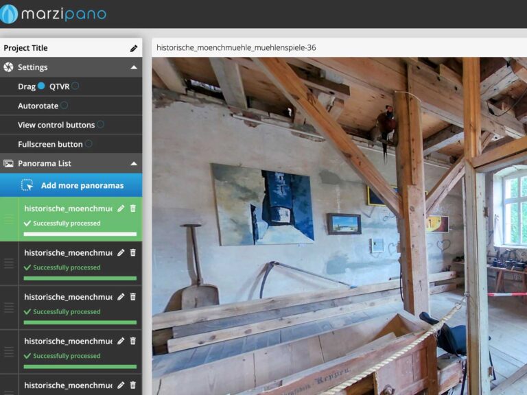 Screenshot von Marzipano beim Erstellen eines interaktiven 360-Grad-Rundgangs durch die Historische Mönchmühle